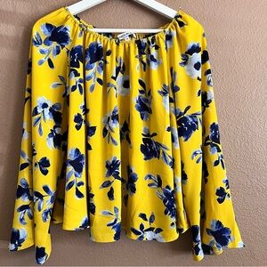 Elizabeth and James Yellow and Blue Flowy Long Sleeve Blouse Size Medium